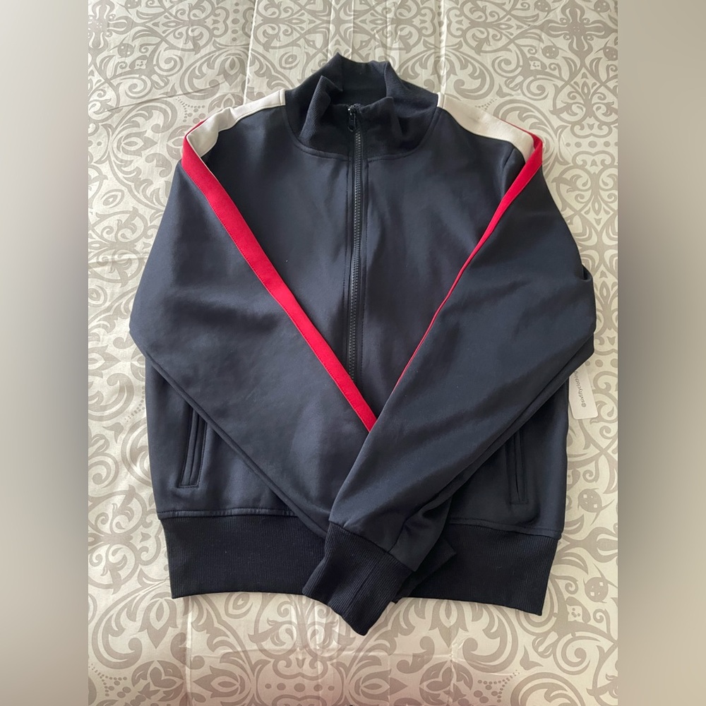 SIXFITYYCLOTING Black Track Jacket with Red and White Stripes